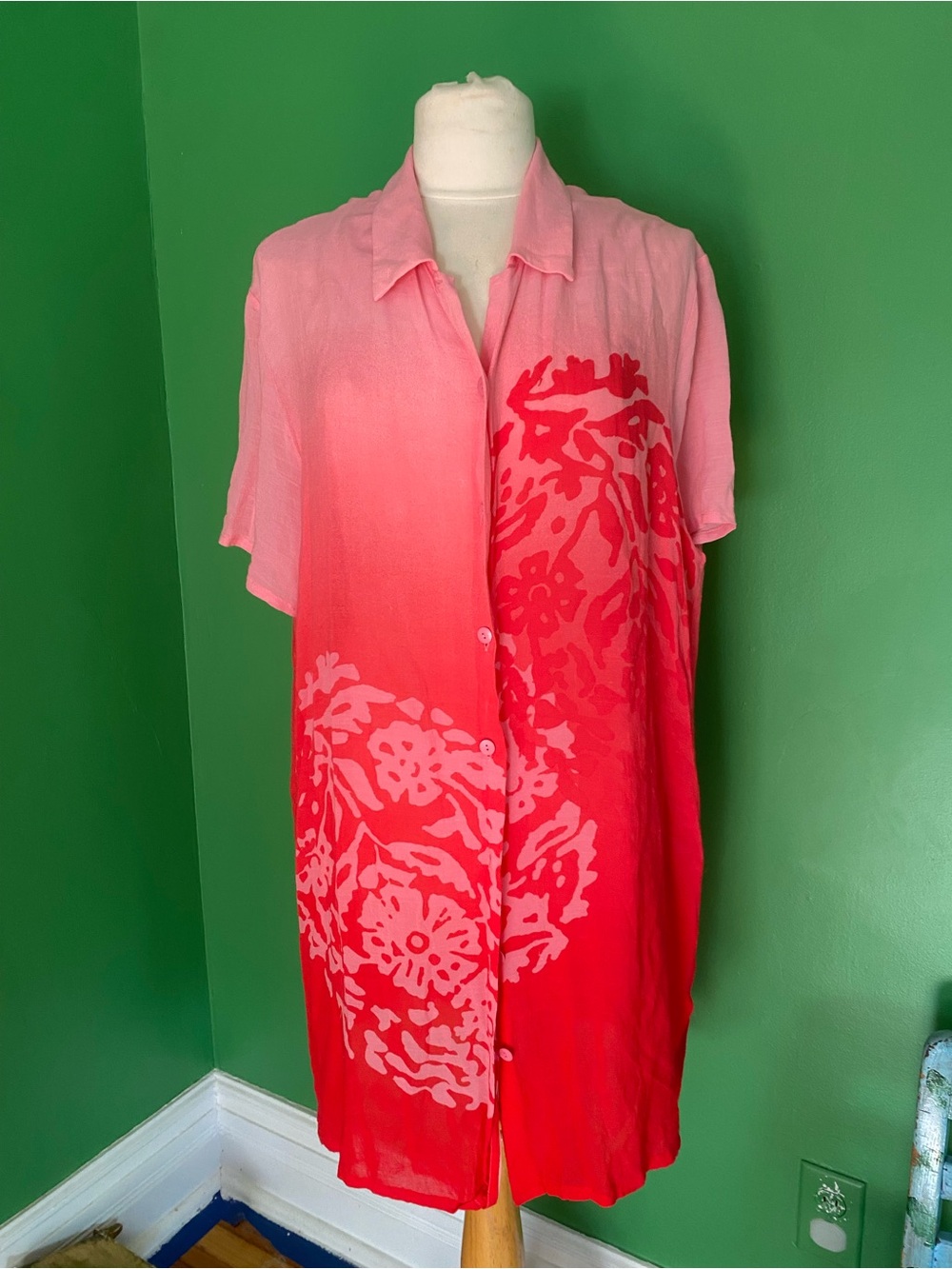 La Perla Pink Red Floral Ombre Button-Front Dress oversized shirt vintage